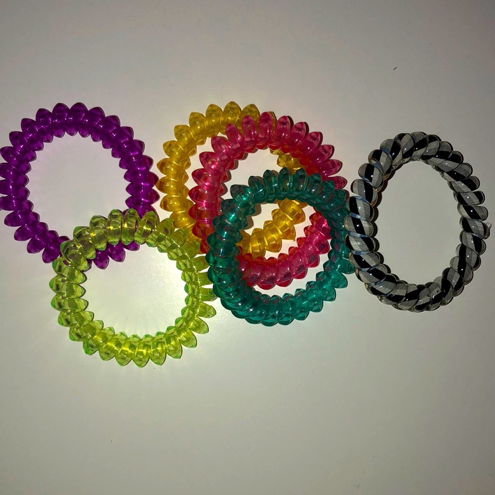 Claire’s Spiral Plastic Hair Ties (purple, blue, pink, green, yellow, black)